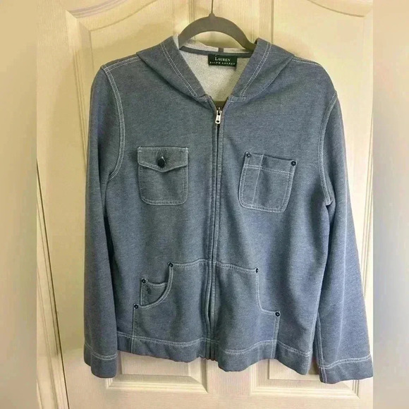🩵Lauren Ralph Lauren Blue Hooded Sweatshirt w/Front Pockets & White Stitching🩵 - Picture 1 of 14
